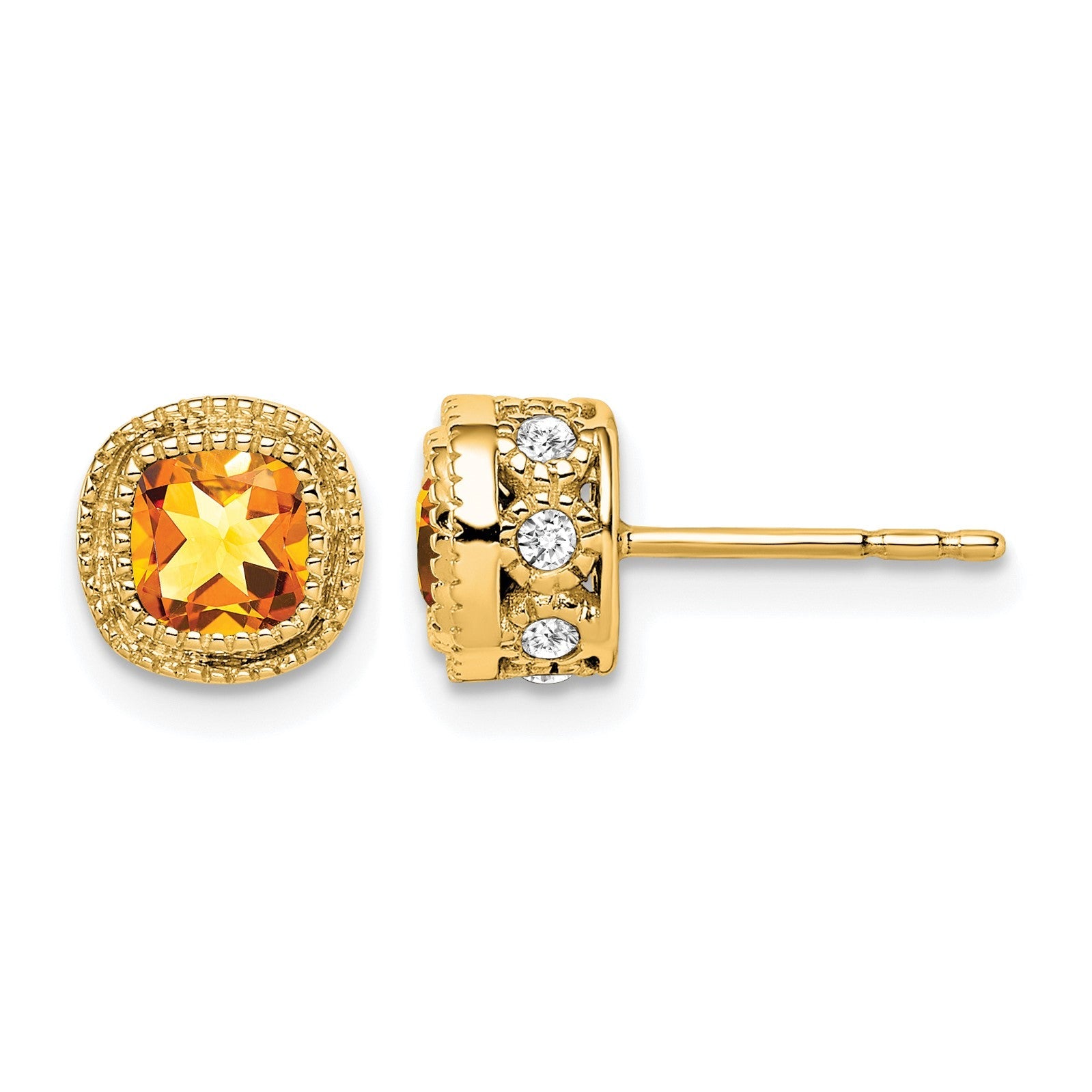 14K Gelbgold Ohrringe mit Kissenschliff-Citrin und echten Diamanten