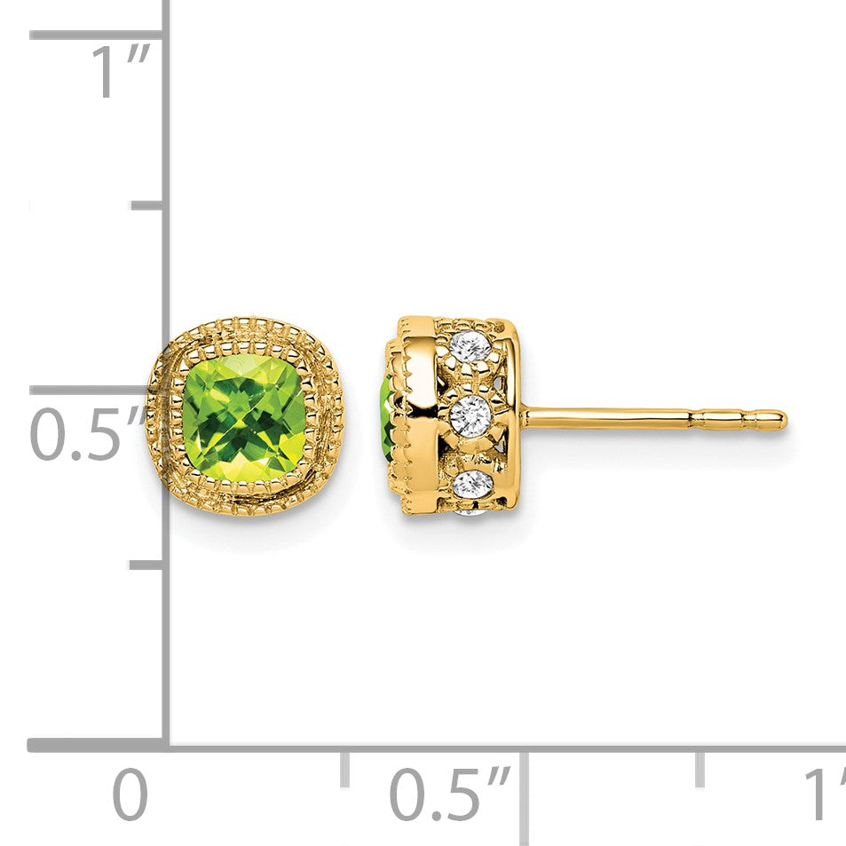 14K Gelbgold Ohrringe mit Kissenschliff-Peridot und echten Diamanten
