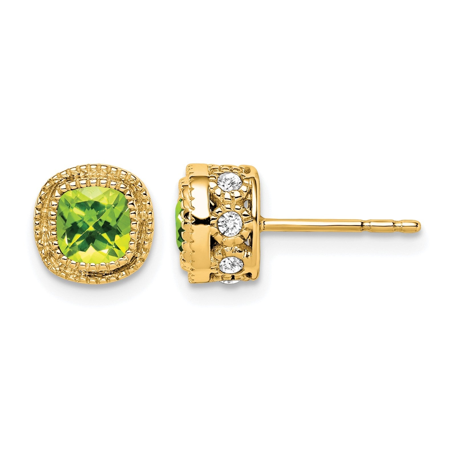 14K Gelbgold Ohrringe mit Kissenschliff-Peridot und echten Diamanten