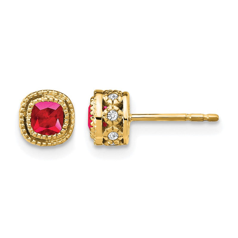 14K Gelbgold Ohrringe mit Rubin im Kissenschliff und echten Diamanten