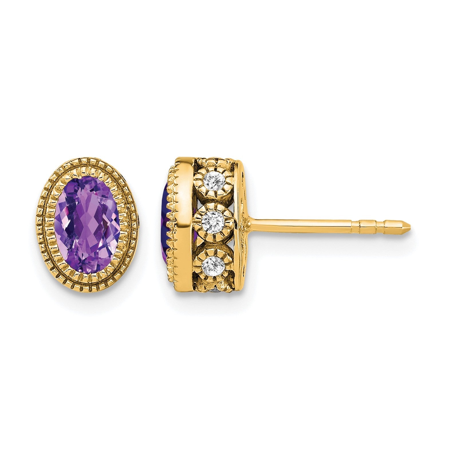 14K Gelbgold Ohrringe mit ovalem Amethyst und echten Diamanten