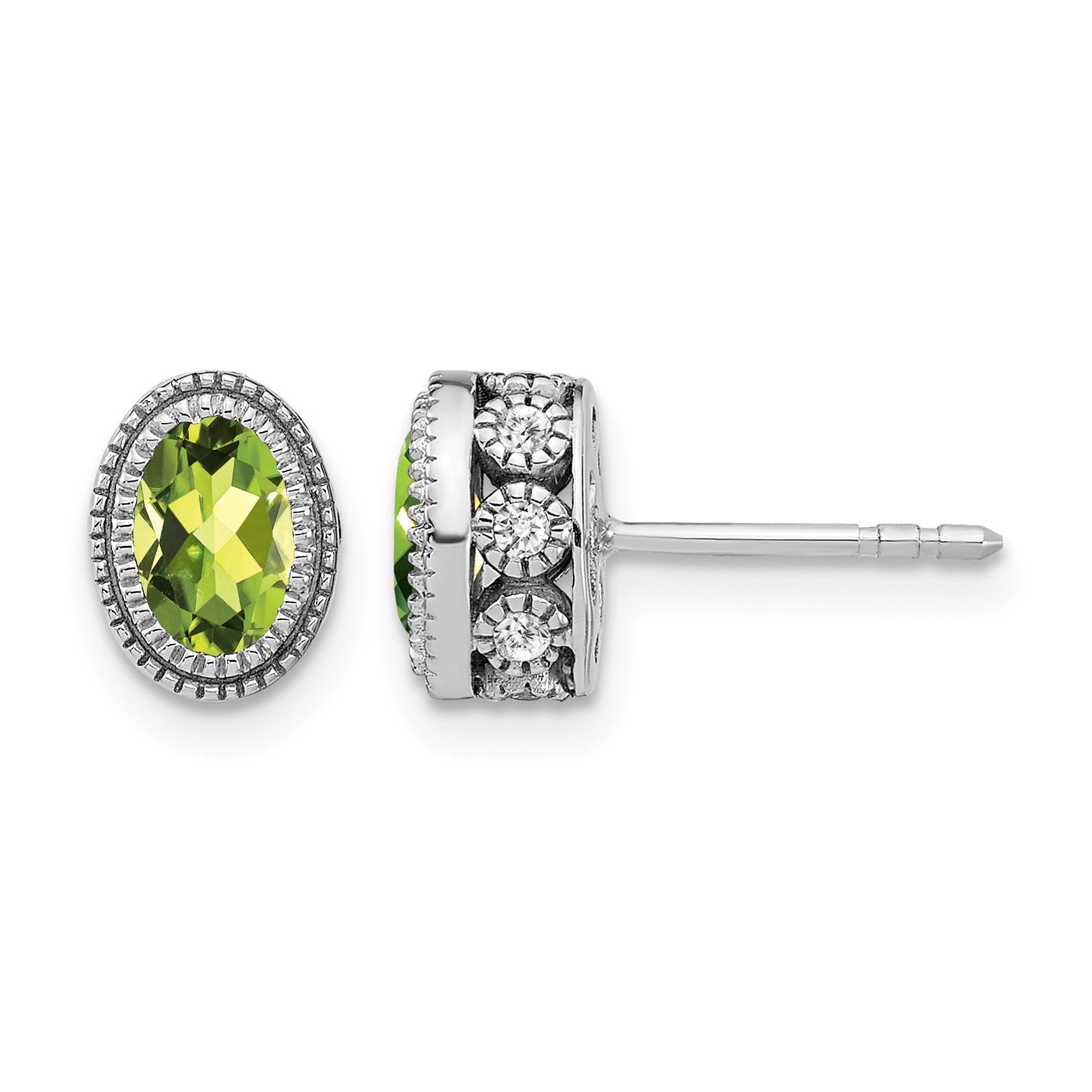 14K Weißgold Ohrringe mit ovalem Peridot und echten Diamanten