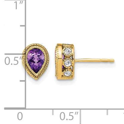 14K Gelbgold Ohrringe mit birnenförmigem Amethyst und echten Diamanten