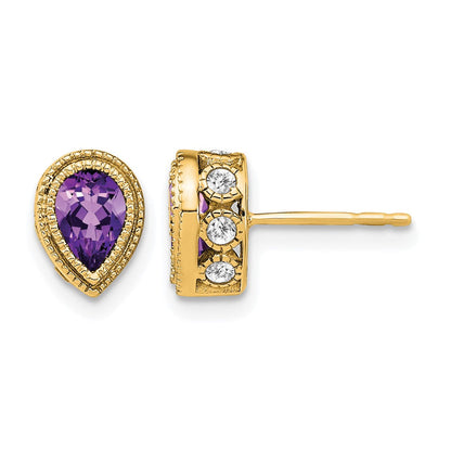 14K Gelbgold Ohrringe mit birnenförmigem Amethyst und echten Diamanten