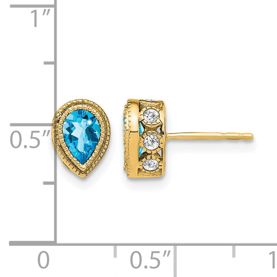 14K Gelbgold Ohrringe mit birnenförmigem Blautopas und echten Diamanten