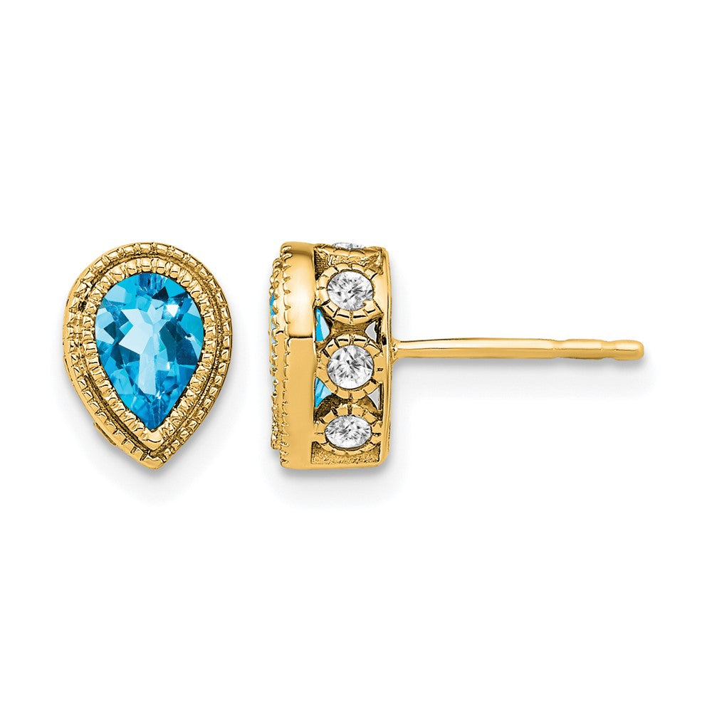14K Gelbgold Ohrringe mit birnenförmigem Blautopas und echten Diamanten