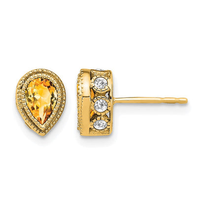 14K Gelbgold Ohrringe mit birnenförmigem Citrin und echten Diamanten