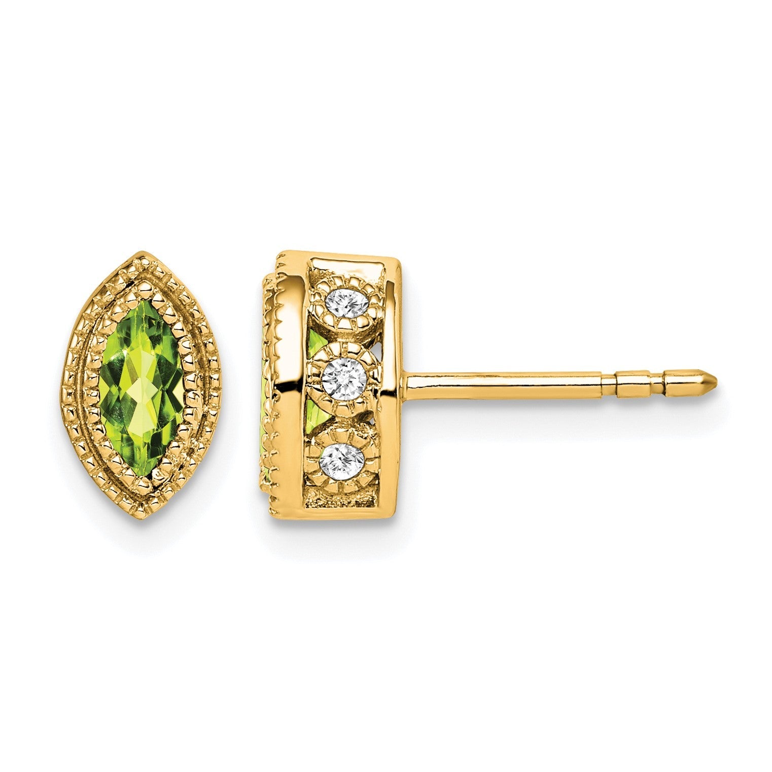 14K Gelbgold Ohrringe mit Peridot im Marquiseschliff und echten Diamanten