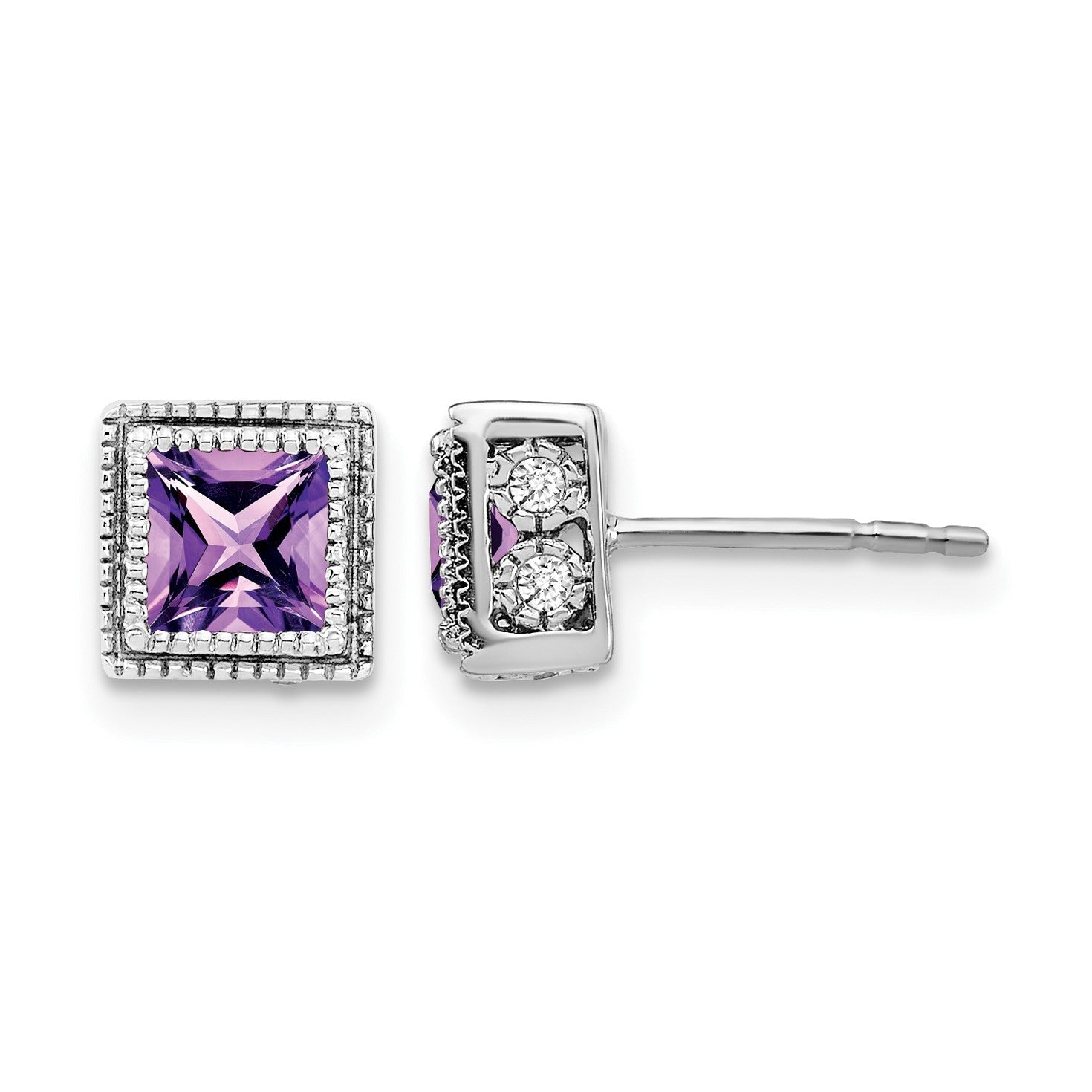 14K Weißgold Ohrringe mit quadratischem Amethyst und echten Diamanten