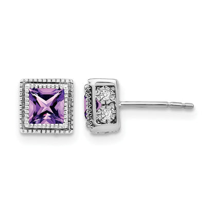 14K Weißgold Ohrringe mit quadratischem Amethyst und echten Diamanten