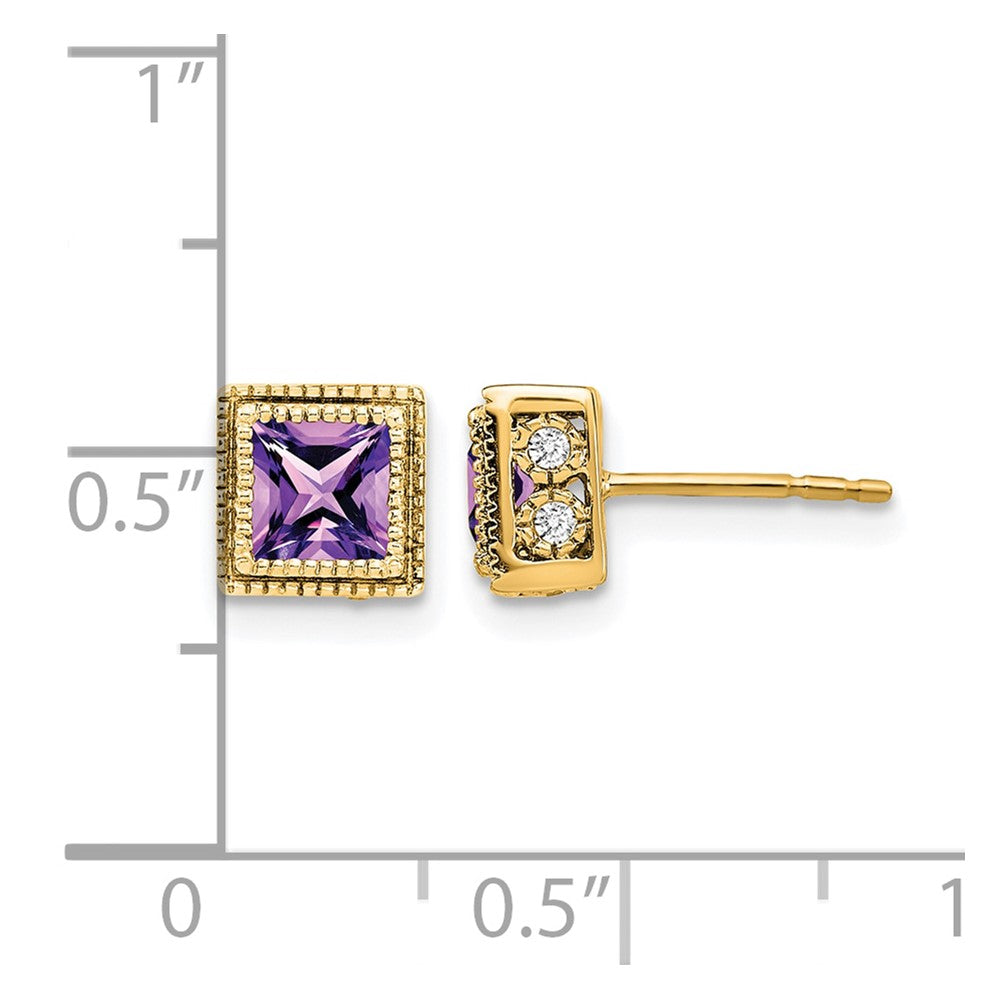 14K Gelbgold Ohrringe mit quadratischem Amethyst und echten Diamanten