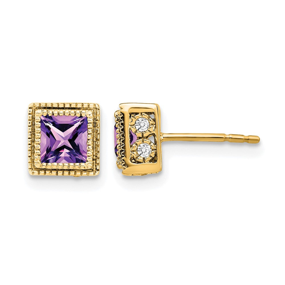 14K Gelbgold Ohrringe mit quadratischem Amethyst und echten Diamanten