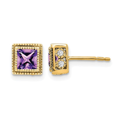 14K Gelbgold Ohrringe mit quadratischem Amethyst und echten Diamanten