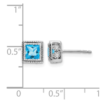 14K Weißgold Ohrringe mit quadratischem Blautopas und echten Diamanten