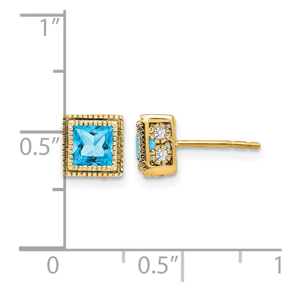 14K Gelbgold Ohrringe mit quadratischem Blautopas und echten Diamanten