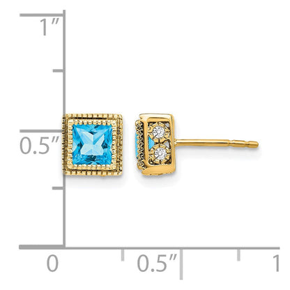 14K Gelbgold Ohrringe mit quadratischem Blautopas und echten Diamanten