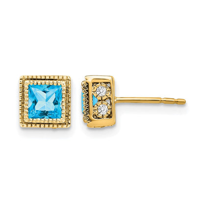 14K Gelbgold Ohrringe mit quadratischem Blautopas und echten Diamanten