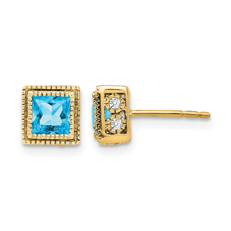 14K Gelbgold Ohrringe mit quadratischem Blautopas und echten Diamanten