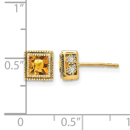 14K Gelbgold Ohrringe mit quadratischem Citrin und echten Diamanten