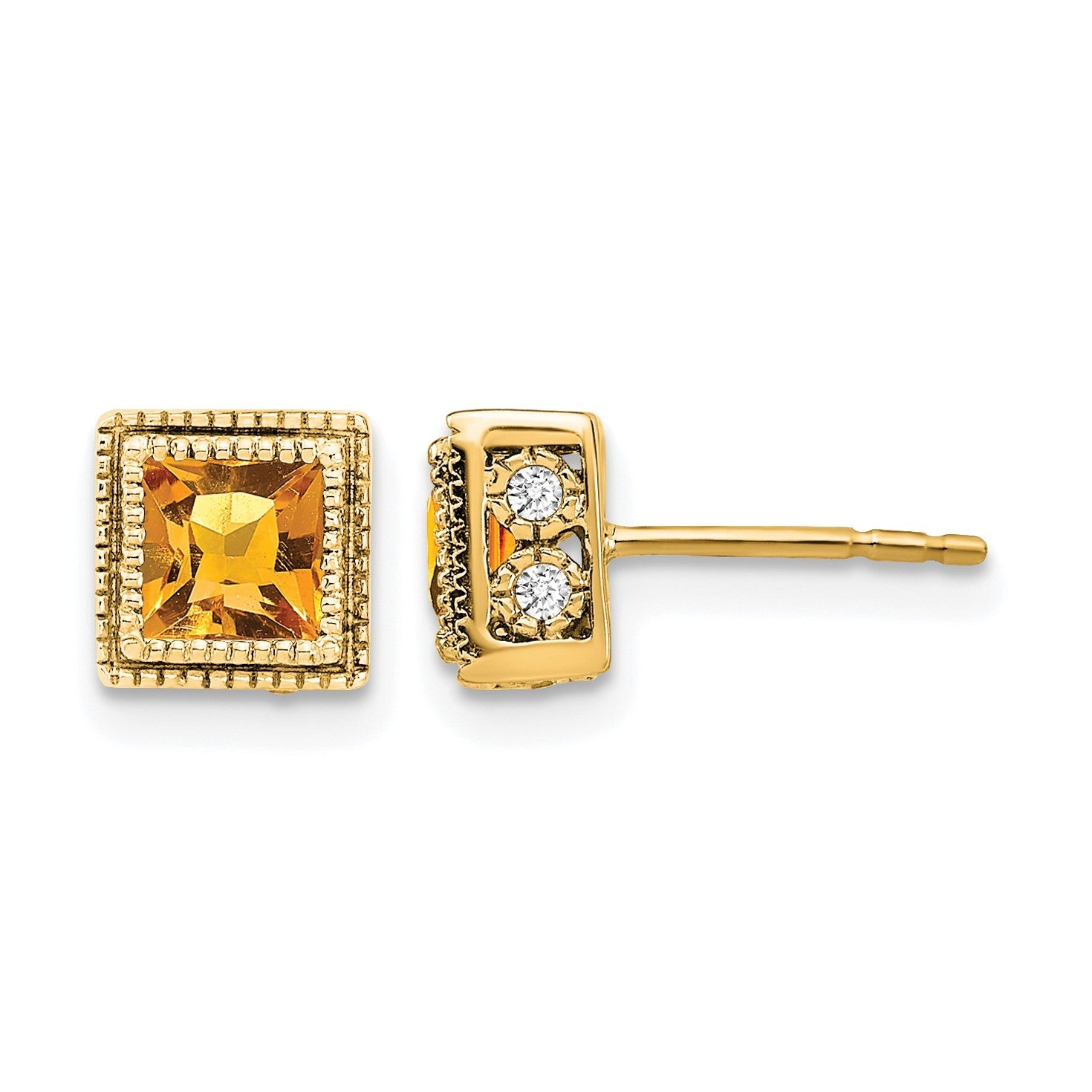 14K Gelbgold Ohrringe mit quadratischem Citrin und echten Diamanten