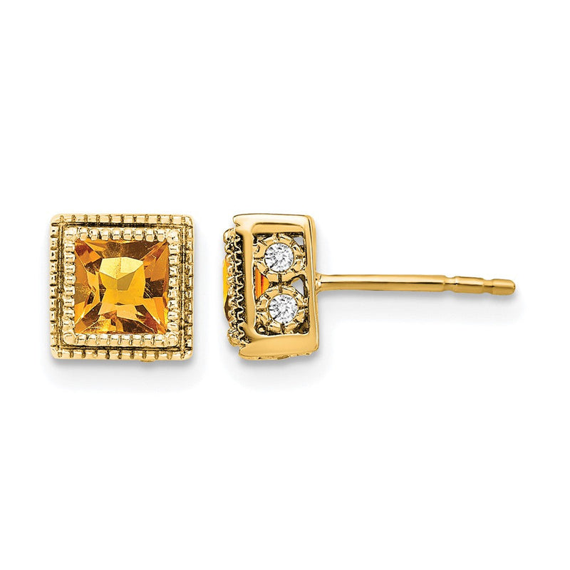 14K Gelbgold Ohrringe mit quadratischem Citrin und echten Diamanten