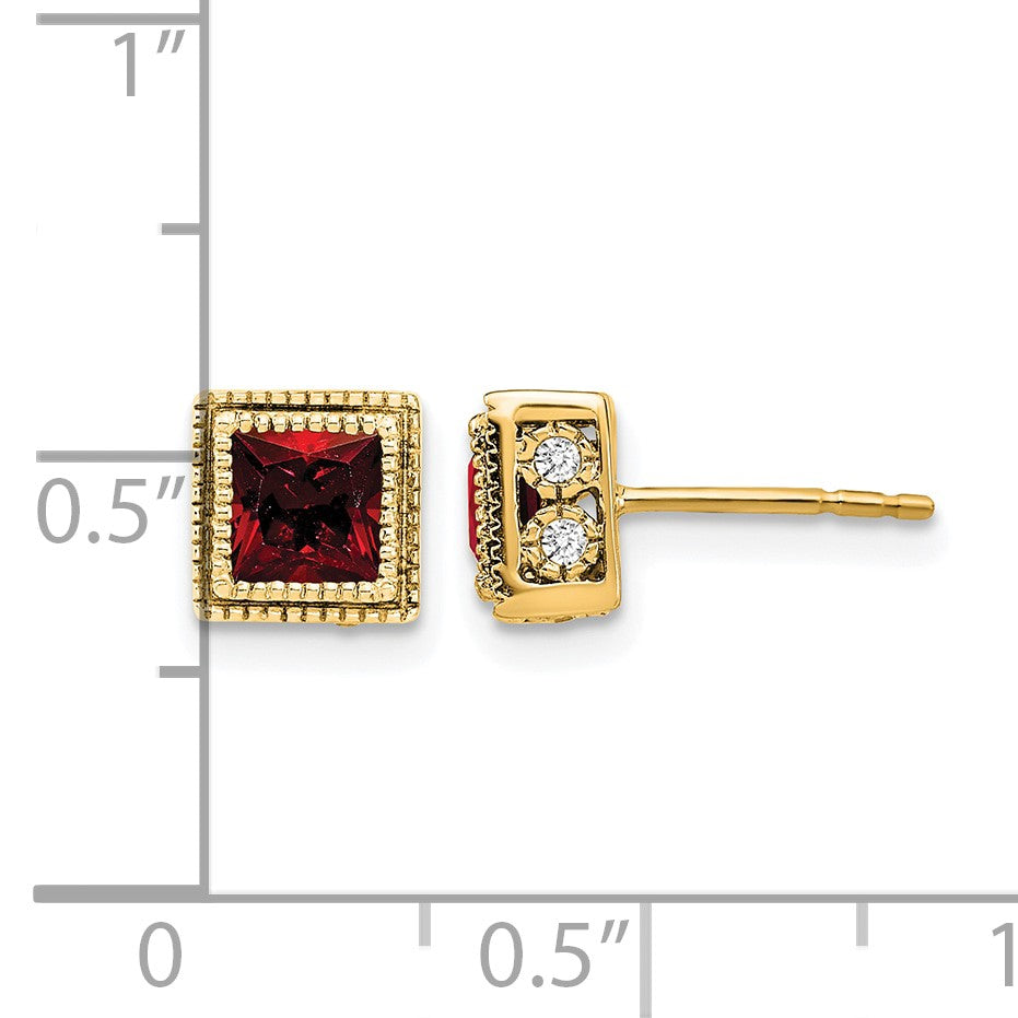 14K Gelbgold Ohrringe mit quadratischem Granat und echten Diamanten