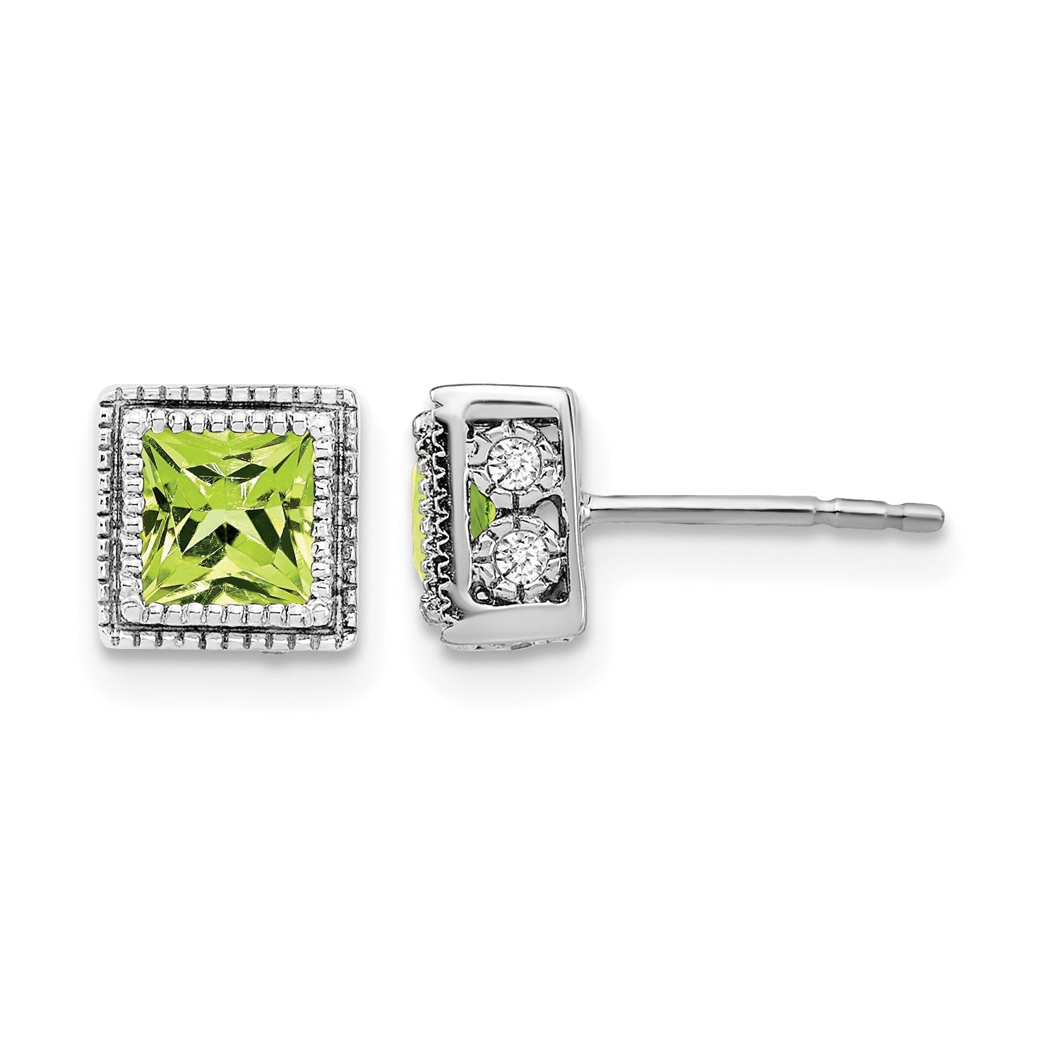 14K Weißgold Ohrringe mit quadratischem Peridot und echten Diamanten