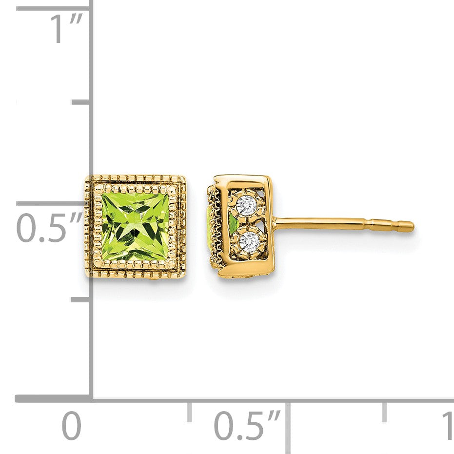 14K Gelbgold Ohrringe mit quadratischem Peridot und echten Diamanten