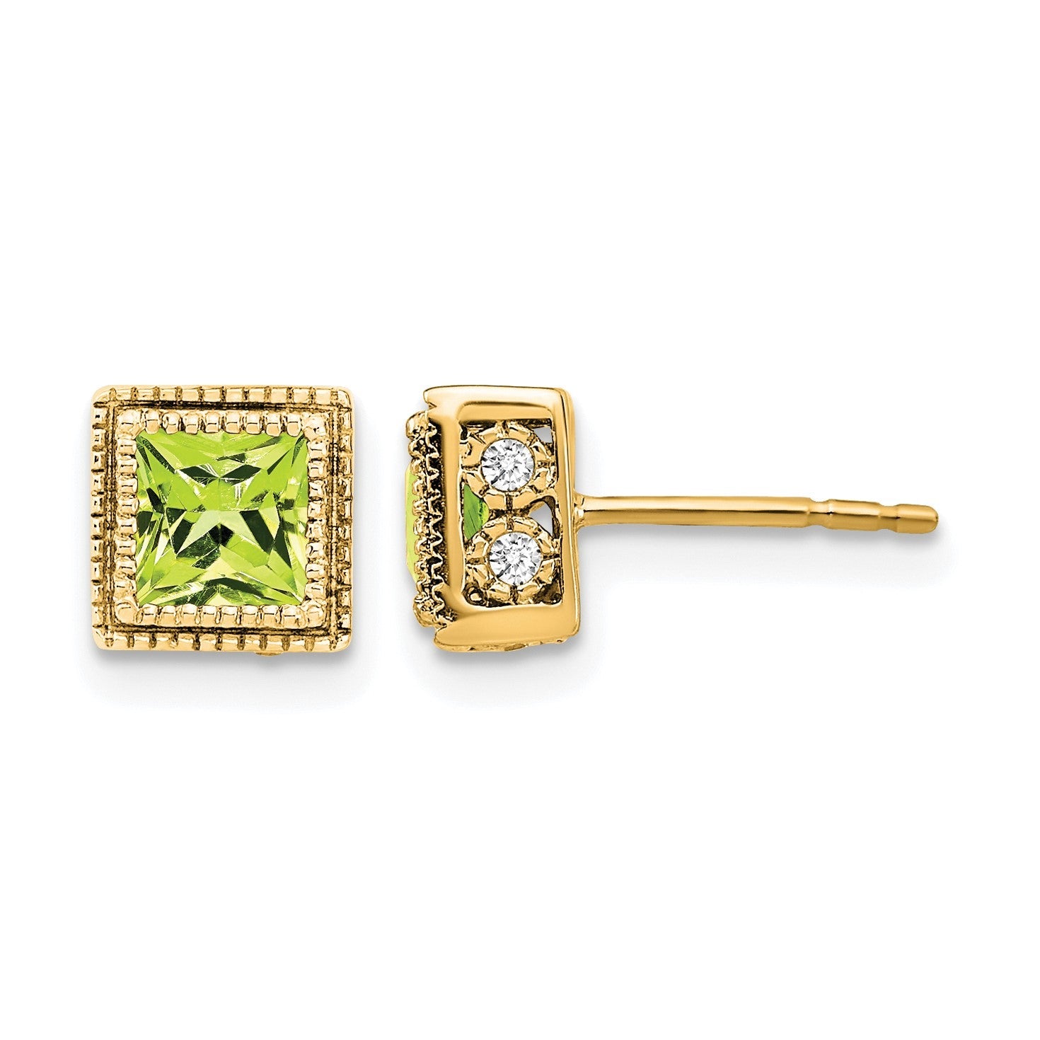 14K Gelbgold Ohrringe mit quadratischem Peridot und echten Diamanten