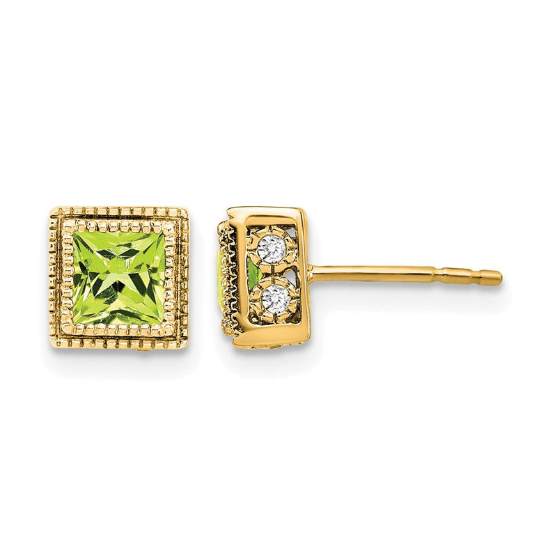 14K Gelbgold Ohrringe mit quadratischem Peridot und echten Diamanten