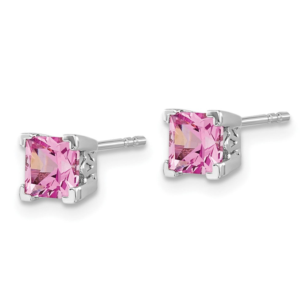 14K Weißgold Ohrringe mit quadratischem synthetischem rosa Saphir