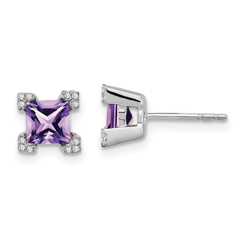 14K Weißgold Ohrringe mit quadratischem Amethyst und echten Diamanten