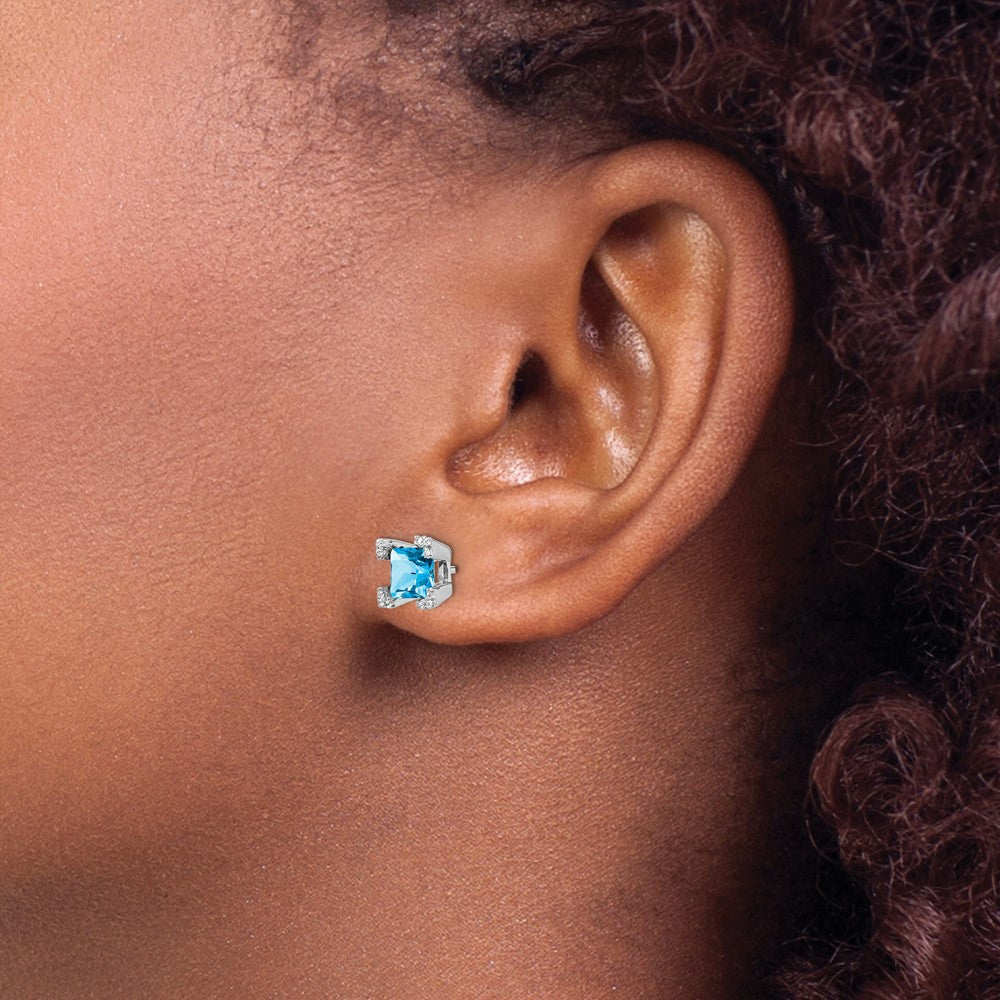 14K Weißgold Ohrringe mit quadratischem Blautopas und echten Diamanten