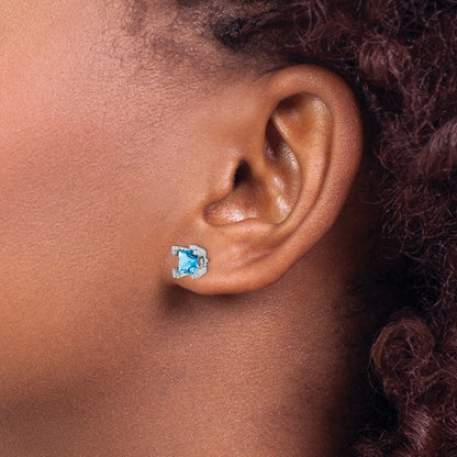 14K Weißgold Ohrringe mit quadratischem Blautopas und echten Diamanten