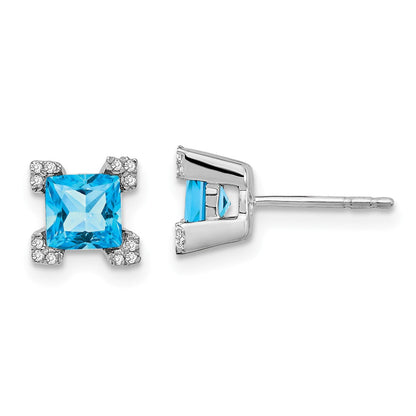 14K Weißgold Ohrringe mit quadratischem Blautopas und echten Diamanten