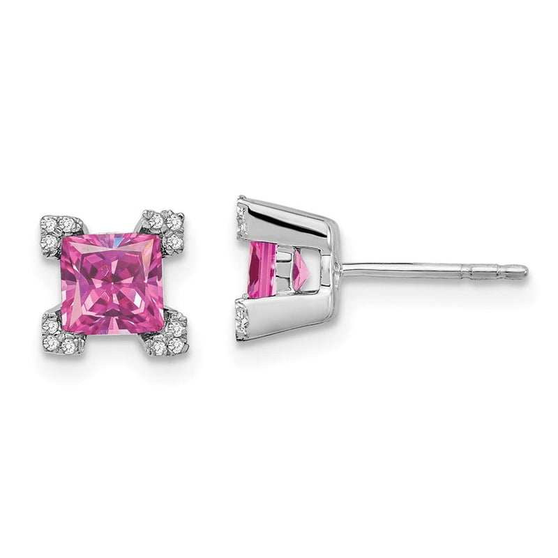 14K Weißgold Ohrringe mit quadratischem synthetischem Pink-Saphir und echten Diamanten
