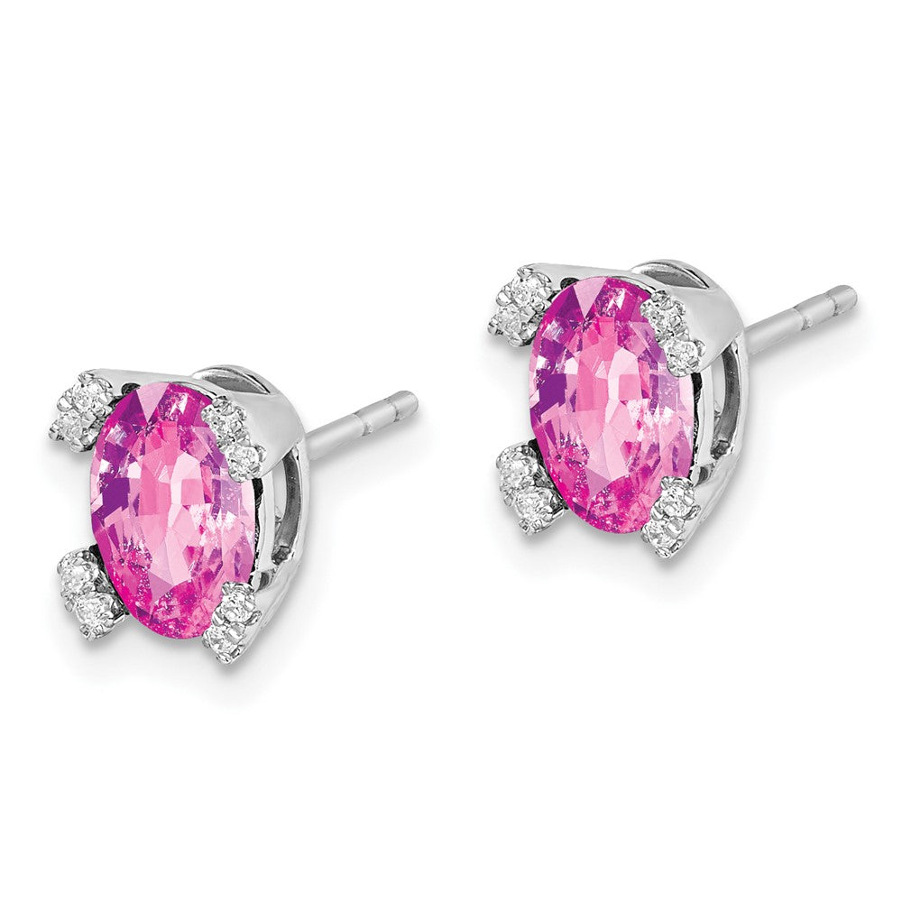 14K Weißgold Ohrringe mit ovalem synthetischem rosa Saphir und echten Diamanten