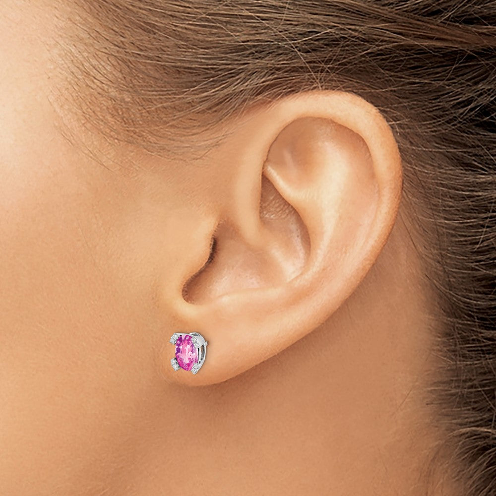 14K Weißgold Ohrringe mit ovalem synthetischem rosa Saphir und echten Diamanten