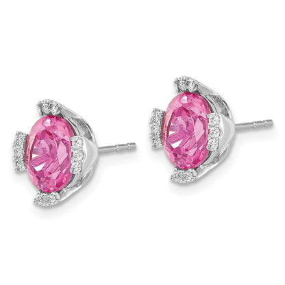14K Weißgold Ohrringe mit ovalem synthetischem rosa Saphir und echten Diamanten