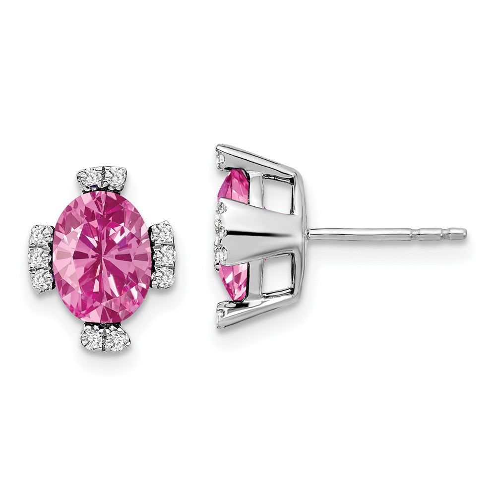14K Weißgold Ohrringe mit ovalem synthetischem rosa Saphir und echten Diamanten