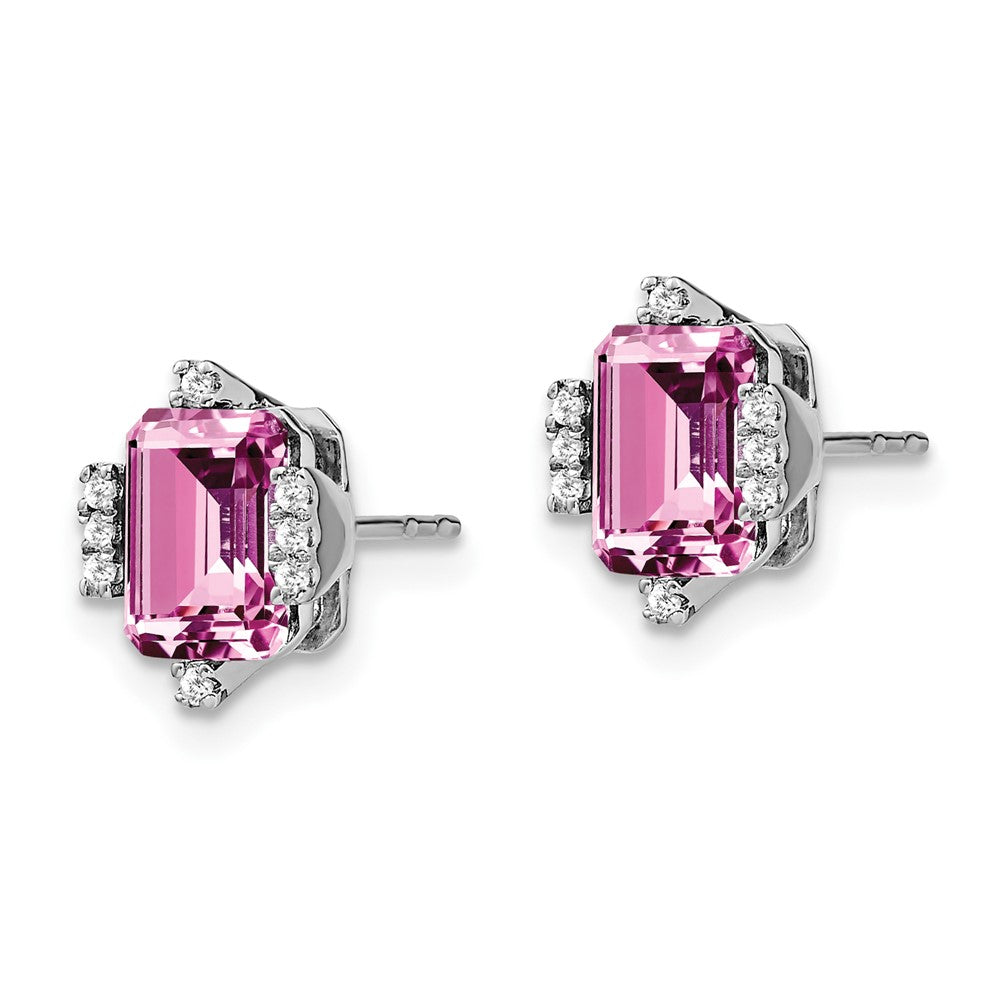 14K Weißgold Ohrringe mit smaragdförmigem synthetischem Pink-Saphir/echtem Diamant
