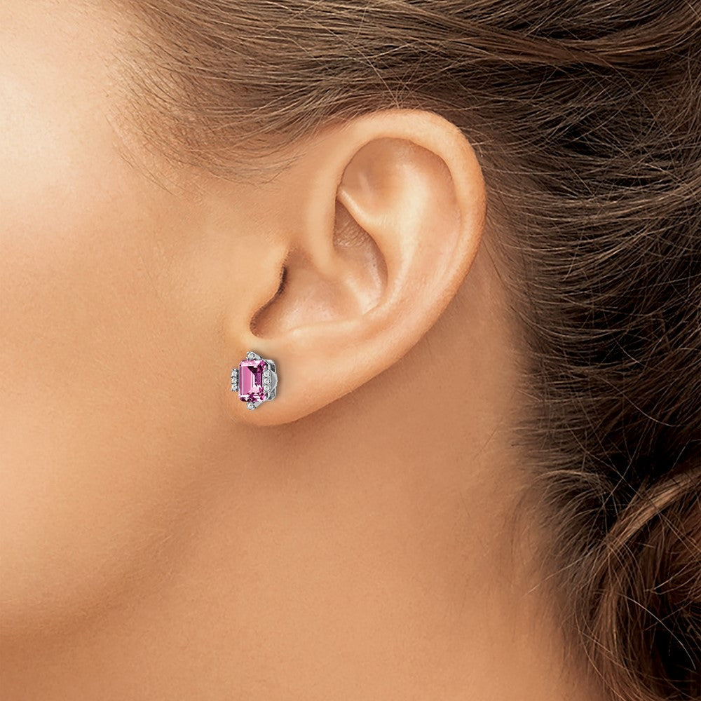 14K Weißgold Ohrringe mit smaragdförmigem synthetischem Pink-Saphir/echtem Diamant