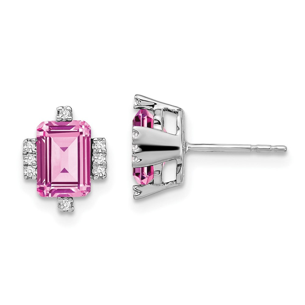 14K Weißgold Ohrringe mit smaragdförmigem synthetischem Pink-Saphir/echtem Diamant