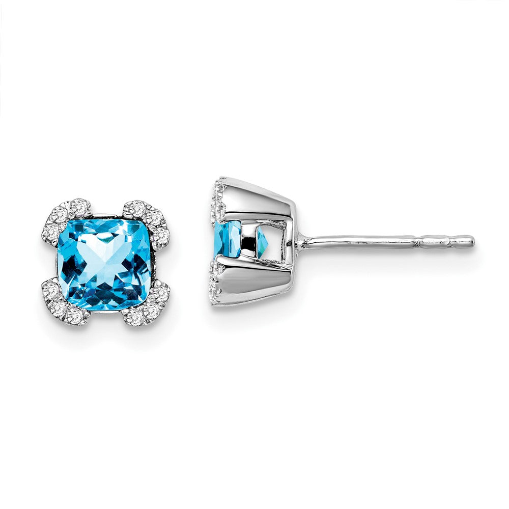 14K Weißgold Ohrringe mit Blautopas im Kissenschliff und echten Diamanten