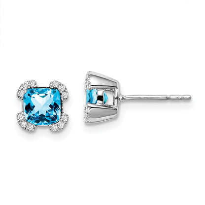 14K Weißgold Ohrringe mit Blautopas im Kissenschliff und echten Diamanten
