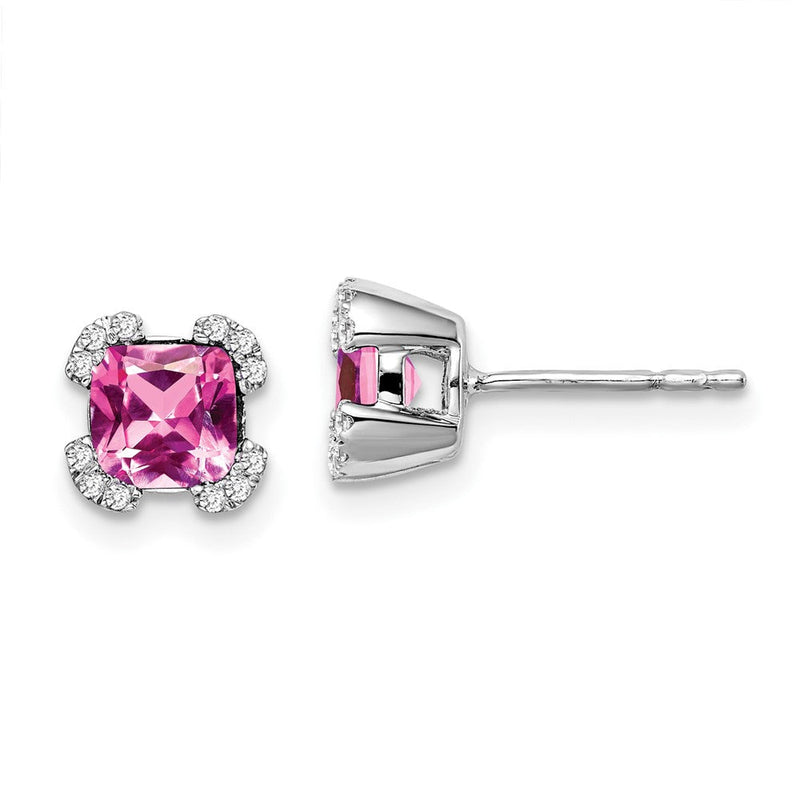 Ohrringe aus 14K Weißgold mit kissenförmigem synthetischem Pink-Saphir und echten Diamanten