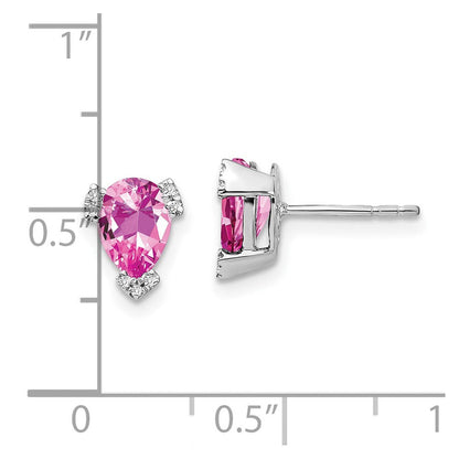 14K Weißgold Ohrringe mit birnenförmigem synthetischem Pink-Saphir und echten Diamanten