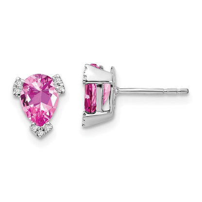 14K Weißgold Ohrringe mit birnenförmigem synthetischem Pink-Saphir und echten Diamanten