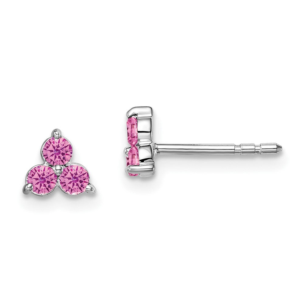 14K Weißgold Ohrringe mit 3 Steinen, synthetischem Pink-Saphir im Dreieck-Schliff
