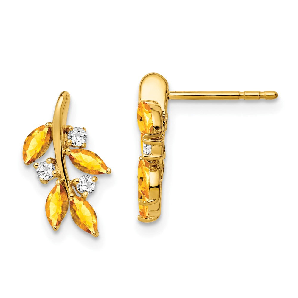 14K Gelbgold Ohrringe mit Citrin und echten Diamanten im Blattdesign